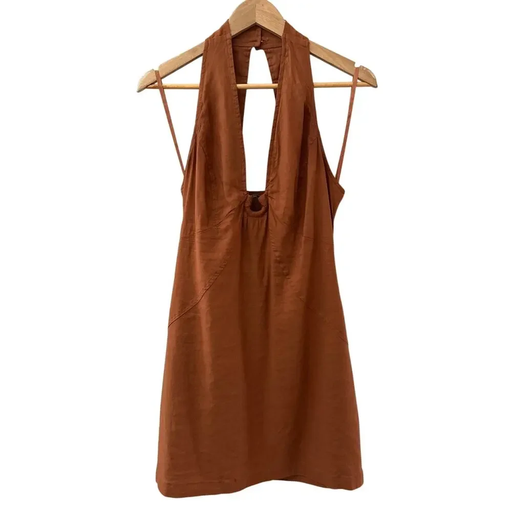 Anthropologie Maeve Halter Linen-Blend Mini Dress Brown Size 8 - Picture 5 of 11